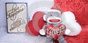 Love happens in the little moments, valentines, sock monkey with red heart, HUGS, two pillow hearts