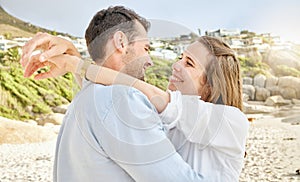 Love, happy and couple on beach holiday spending a day at the sea together. Smile boyfriend and girlfriend hug on summer