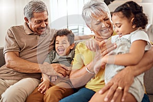 Love, happy family and grandparents with funny kids at home for babysitting, care and bonding in retirement. Grandmother