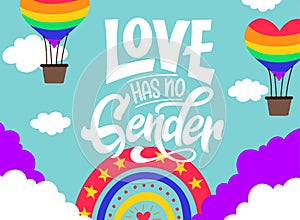 Love has no gender. LGBT lettering quote. Pride poster concept with colorful rainbow. Vector illustration for placard