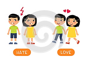LOVE and HATE antonyms flashcard vector template. Opposites concept.
