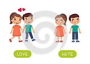 LOVE and HATE antonyms word card vector template. Flashcard for english language learning.