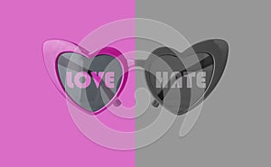 Love hate concept. Heart glasses on pink and grey background.