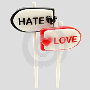 Love and hate glossy signpost signs