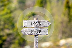 love hate text carved on wooden signpost outdoors in nature.