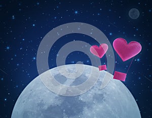 Love heart air balloon on fantasy night sky and moon
