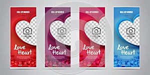 Love Heart Business Roll Up Banner with 4 Variant Colors Red, Purple, Pink/Magenta, Blue. Vector Illustration.