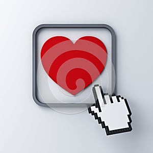 Love heart button with computer hand cursor isolated on dark white background