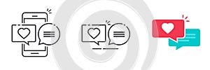 Love heart chat bubble online vector graphic illustration, virtual digital valentine romantic sms message symbol on mobile cell