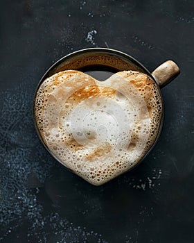 Love heart in coffee foam, topdown, warm morning light , advertise photo