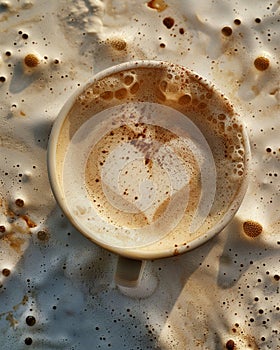 Love heart in coffee foam, topdown, warm morning light , advertise photo