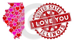 Love Heart Collage Illinois State Map with Scratched Seal