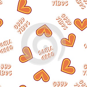 Love heart, daisies, waves of positivity retro 70s seamless pattern. Yellow, orange, red scattered heart shapes on a