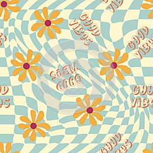 Love heart, daisies, waves of positivity retro 70s seamless pattern. Yellow, orange, red scattered heart shapes on a