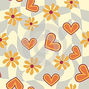 Love heart, daisies, waves of positivity retro 70s seamless pattern. Yellow, orange, red scattered heart shapes on a