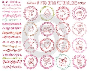 Love heart doodle brushes.Valentine,wedding wreath