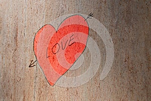 Love heart hand and love text painted on a trunk tree. Love concept
