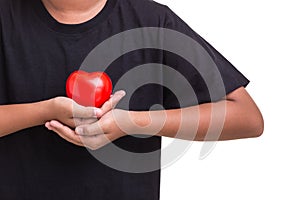 Love heart and healthcare concept : Woman holding red heart on h