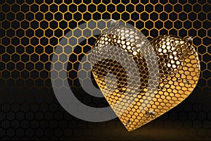 A love heart hive with bee on honey comb for Valentine\'s Day on magic hhiny hexagonal gold background