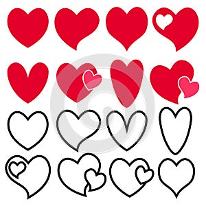 Love heart icon. Loving hearts, red like and lovely romance outline symbols. Valentine lovely passion hearted emotional drawn or