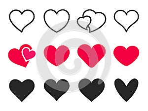 Love heart icon. Loving hearts, red like and lovely romance outline vector icons set