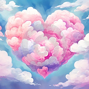 Love heart illustration, cute girly pastels, watercolor style, idealistic fluffy clouds in heart shape