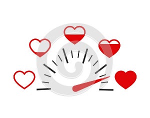 Love heart indicator.Full heart of love with speedometer icon. Love meter of Valentine`s day in flat style.Measuring indicator of