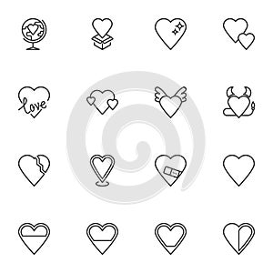 Love, heart line icons set