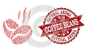 Love Heart Mosaic of Coffee Beans Aroma Icon and Rubber Stamp