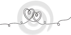 Love heart one line drawing. Two hearts symbol embrace with continuous hand drawn sketch minimalism design. Simplicity sign and