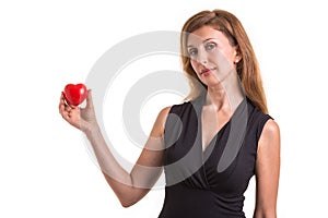 Love heart, protect and healthcare concept : Caucasian woman holding red heart on her chest and heart position isolated on white