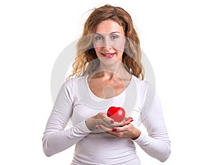 Love heart, protect and healthcare concept : Caucasian woman holding red heart on her chest and heart position isolated on white