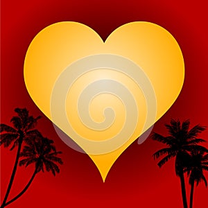 Love heart on red background and palm trees