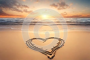 Love: heart on the sand on a beach, tropical ocean sunset.
