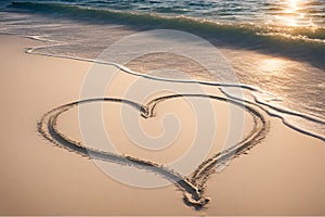 Love: heart on the sand on a beach, tropical ocean sunset.