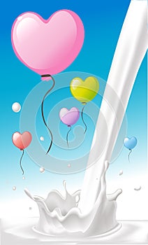 Love heart shape colorful valentines balloon cartoon fly on blue sky over milk splash design
