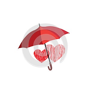 Love heart sign over umbrella protection. Two hearts in love ico