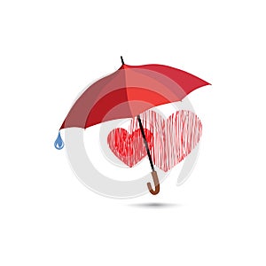 Love heart sign over umbrella protection. Two hearts in love ico