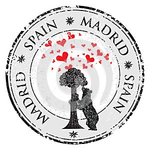 Love heart stamp with statue of Bear and strawberry tree and the words Madrid, Spain inside, vector