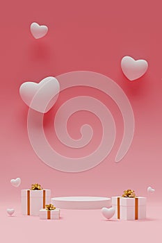 love heart symbol and giftboxes podium background, 3d rendering