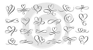 Love hearts flourish. Calligraphy hand drawn heart, romantic text divider and lovely twirl line scribble vector set