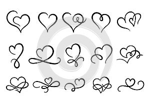 Love hearts flourish. Heart shape flourishes, ornate hand drawn romantic hearts and valentines day symbol vector set