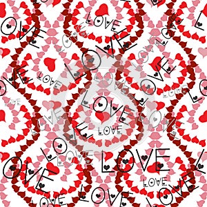 Love hearts hand drawn seamless pattern with love words lettering. Vector ornamental modern beautiful background. Isolated love