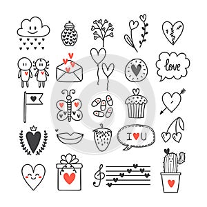 Love and hearts. Hand drawn set of cute doodle elements. Sketch collection for wedding or Valentine`s Day design