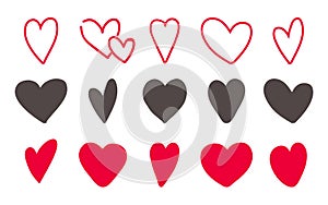 Love hearts icon set. Hand drawn lovely red and outline sketch. Vector heart shapes photo