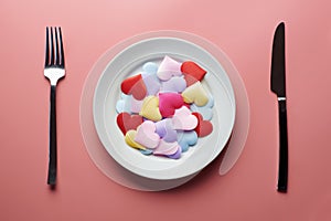 Love hearts in plate. Sex flirt concept. Fall in love in different partners. Pick a new girlfriend or boyfriend. Promiscuity and photo