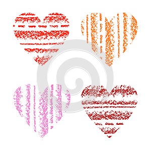 Love hearts set striped crayon hand drawing with colorstroke. Valentines day`s shape design element. Heart silhouette red, pink co