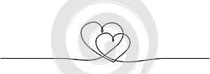 Love hearts sign continuous one line drawing. Single lineart hand drawn of romantic wedding invitation element vector illustration