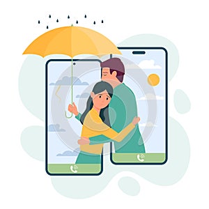 Love, help and support from friend online, man and woman hugging from phone screens