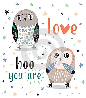 Cute romantic card with cartoon owls. Love hoo you are photo